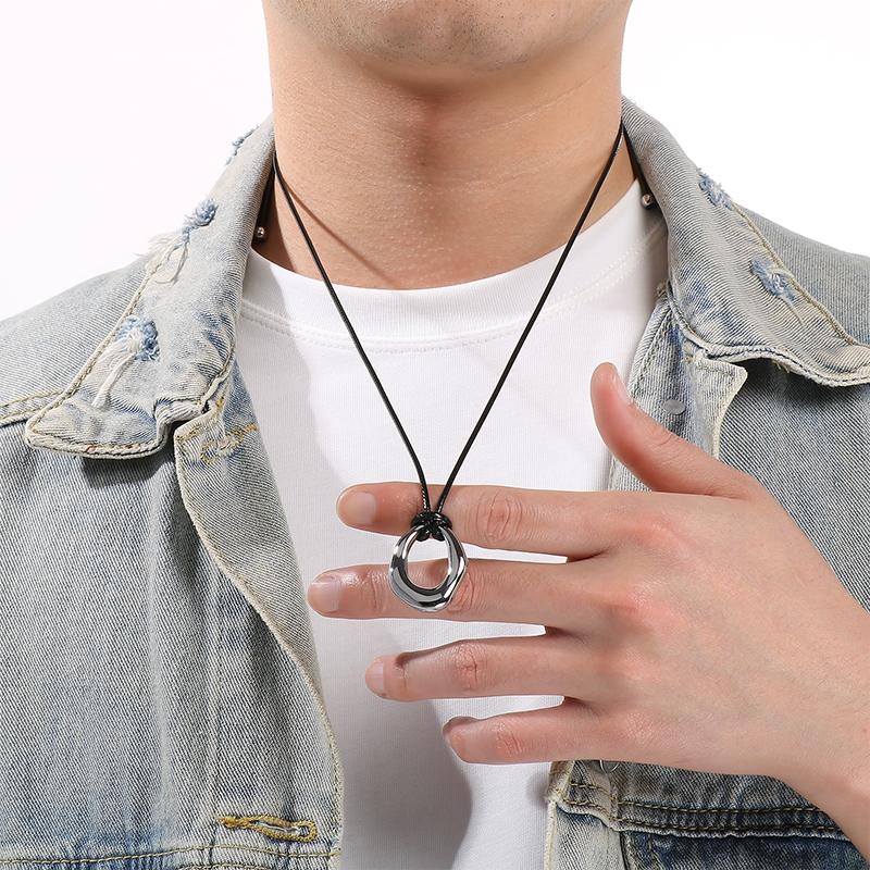 Stainless Steel Irregular Circle Pendant Necklace for Men Women Black Leather Cord Hip Hop Minimalist Jewelry Gift Daily Wear