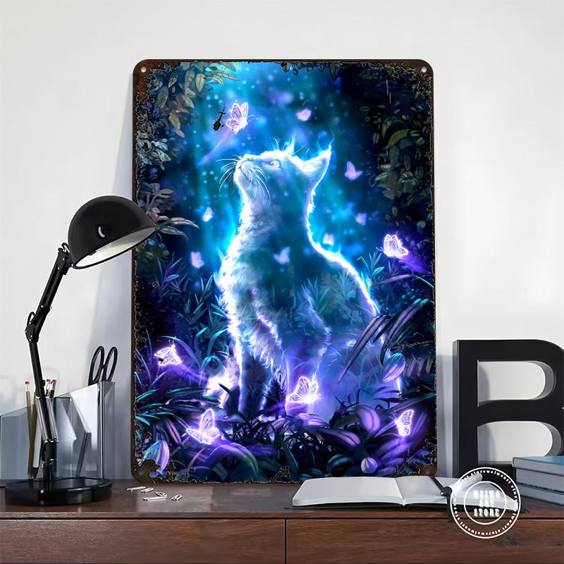 Ghost Cat With Butterflies Metal Poster Customized Wall Art Retro Vintage Tinplate Signs for Man Cave Home Decor Accessories