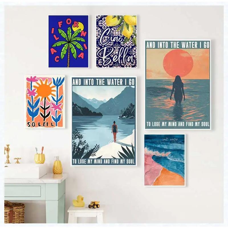 Abstract Colourful Sun Ocean Palm Tree Landscape Cactus Poster and Prints Canvas Printing Wall Art Picture for Living Room Decor