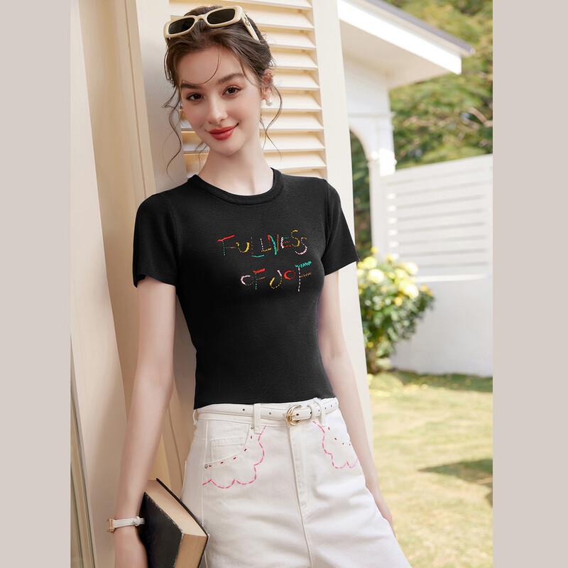 Women's Embroidered Slim Fit Short Sleeve Knit Top