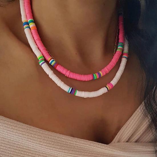 Women Necklace Colorful Beads Bohemian Polymer Clay Stackable Long Lasting Collar Necklace for Party