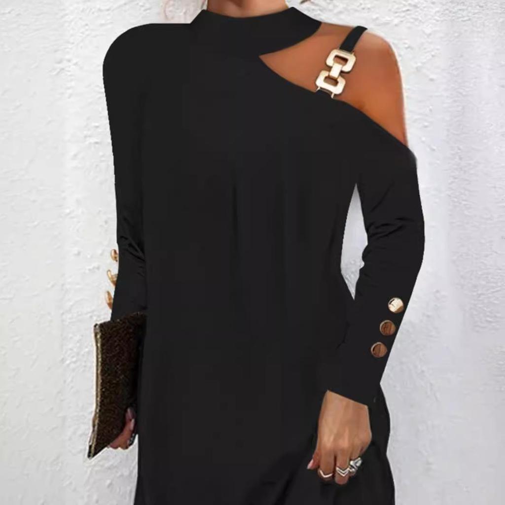 Women's One Shoulder Chain Detail Long Sleeve Dress