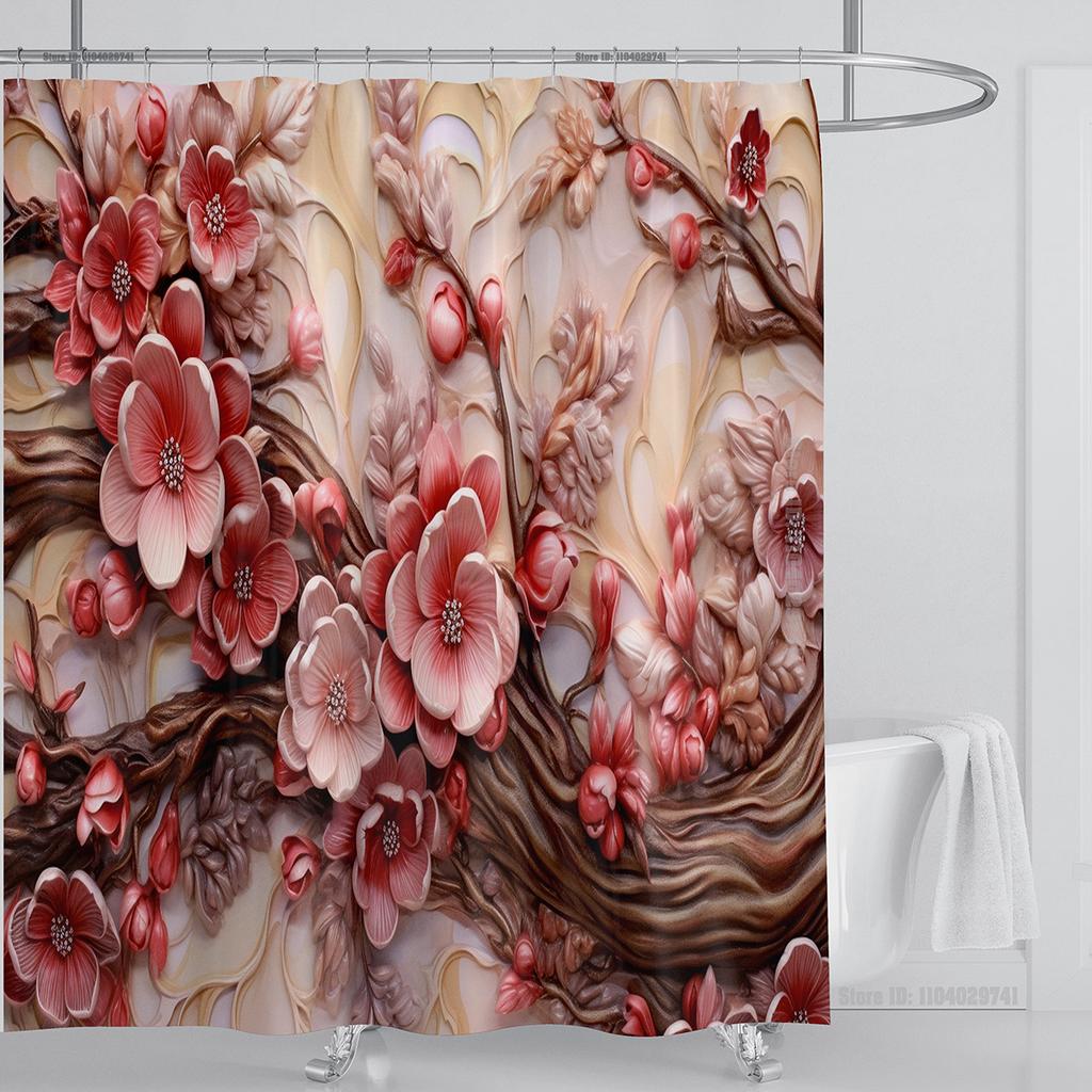 3D Stereo Beautiful Flower Printing Bathroom Curtain Waterproof Polyester Shower Curtain Home Decoration Curtain with Hooks