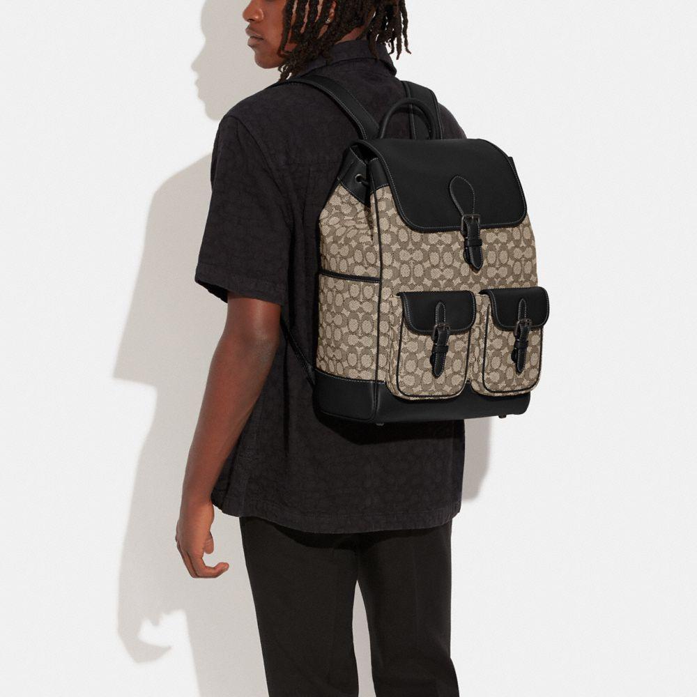 New COACH Frankie Fabric Cow Leather Patchwork Drawstring Bag Backpack Large Size Men's Gray & Black CE476-UW5