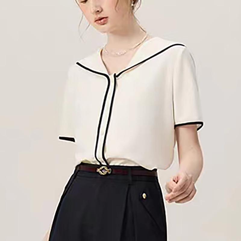 

2025 Французский темно-синий воротник Повседневная женская летняя рубашка с коротким рукавом L грязно-белый