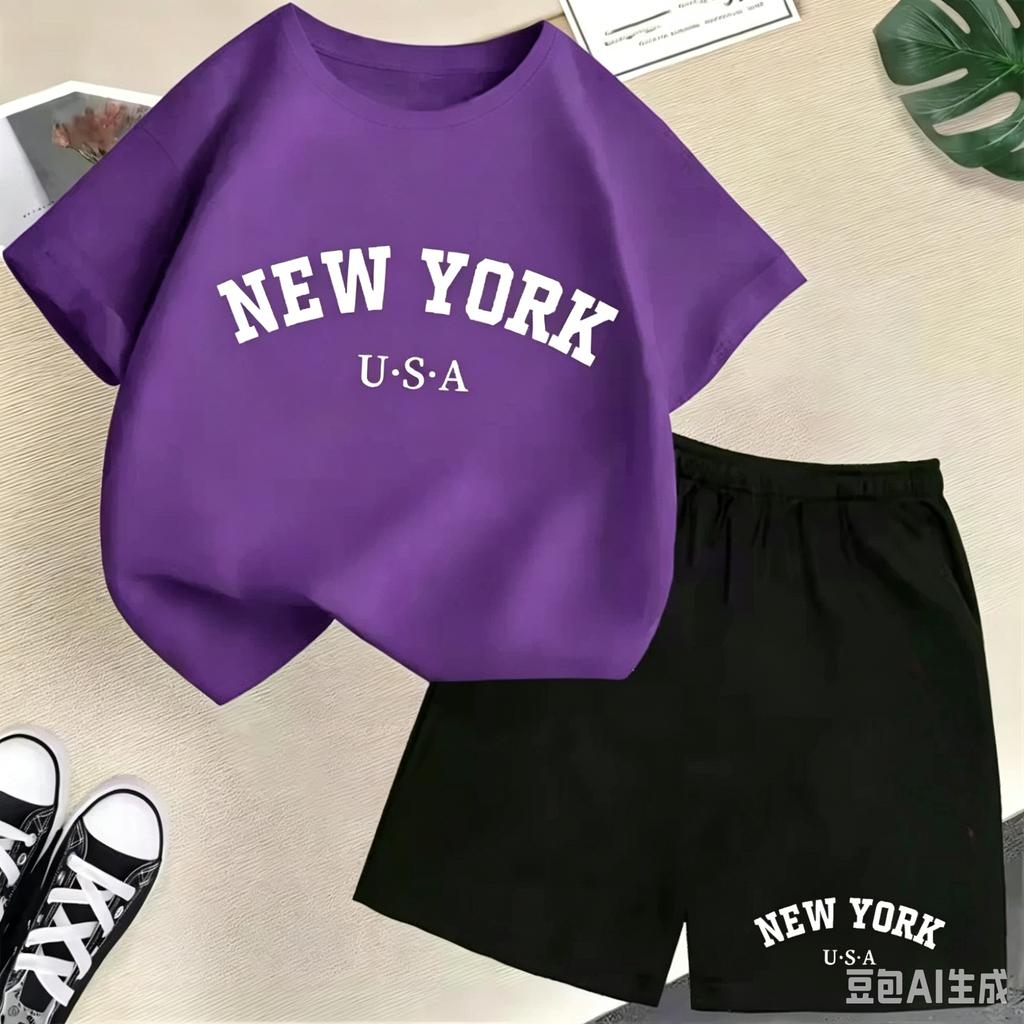 2026 New Kids Boys Girls New York Letter Pattern Polyester T-shirt+Shorts 2-Piece Set Casual Daily