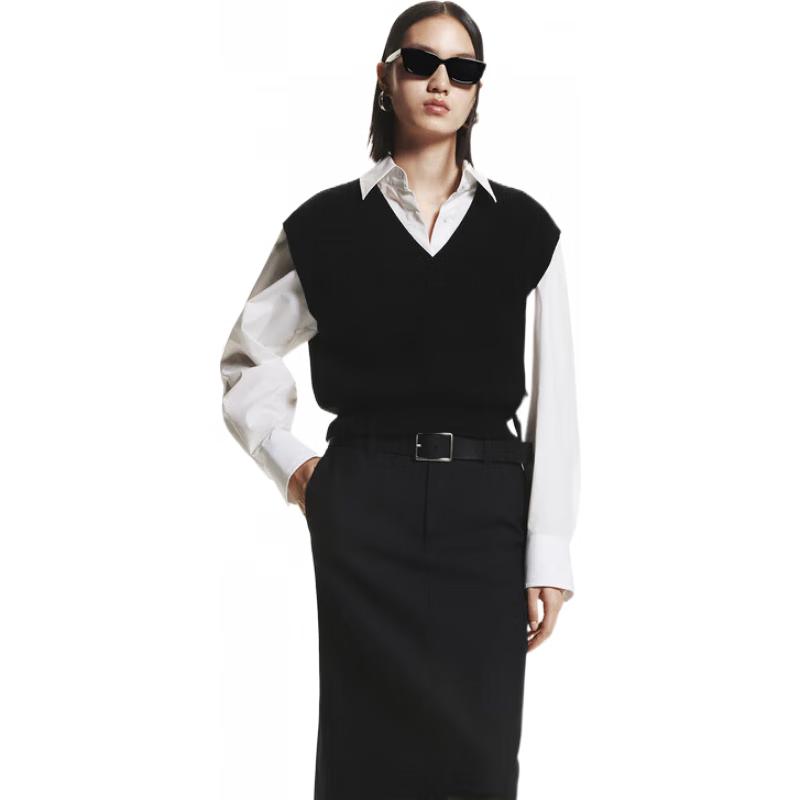 

MO&Co. Черный вязаный жилет из шерсти и комплект рубашки из смесового хлопка S