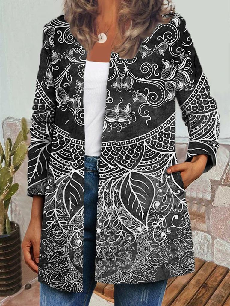 Women's Crew Neck Long Sleeve Cardigan Oversized Vintage Ethnic Print Plus Size Open Front Jacket Casual Outerwear