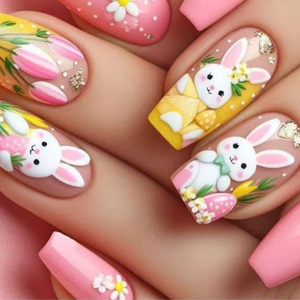 Quadratische Aufdrücknägel Falsche Nägel Ostern Klebenägel Künstliche Acrylnägel 24 Stück Aufklebenägel für Frauen Mädchen