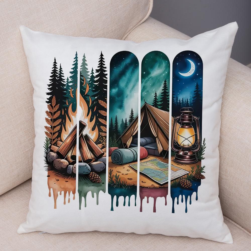 Woodland Campsite Cushion Cover Double Print Bonfire Scene Pillowcase Soft Plush Lake Sunset Cushion Cover for Sofa Home Car