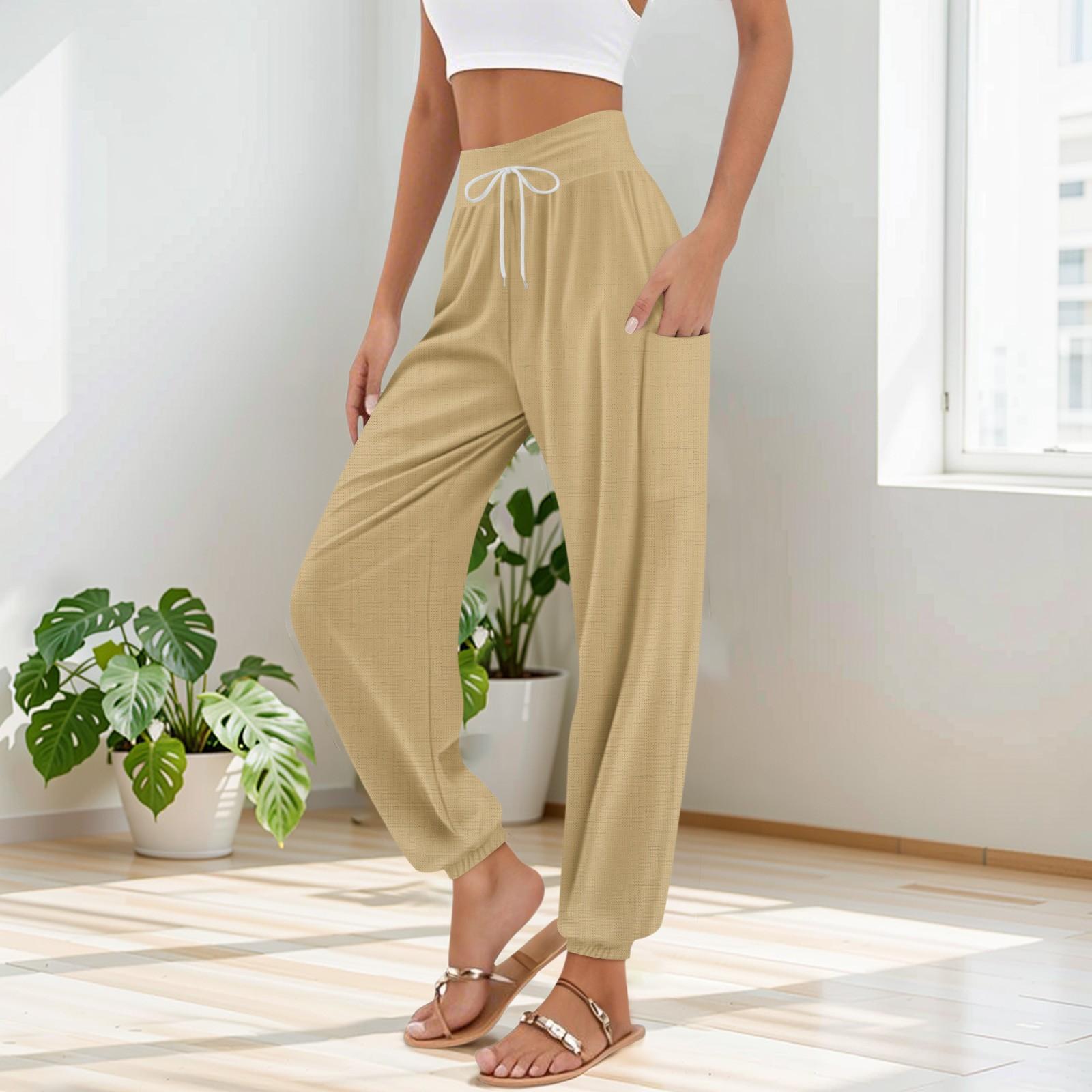

Женские брюки с карманами и шнурком, высокая талия, для йоги, бохо, однотонные, повседневные брюки XL жёлтый