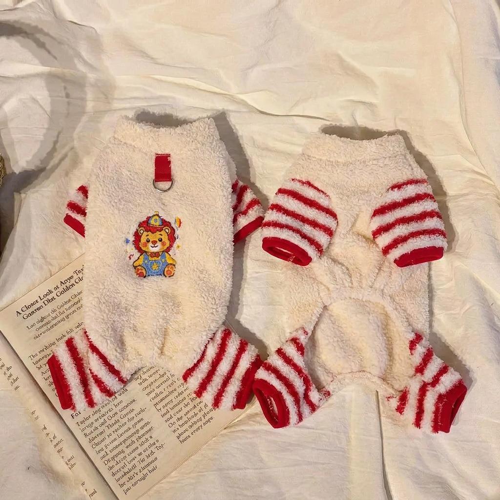 Cartoon Patch Maltese Cotton Coat, Winter Four-Legged Dog Clothes, Striped Warm Jumpsuit for Small & Medium Dogs, Pet Outfit wit