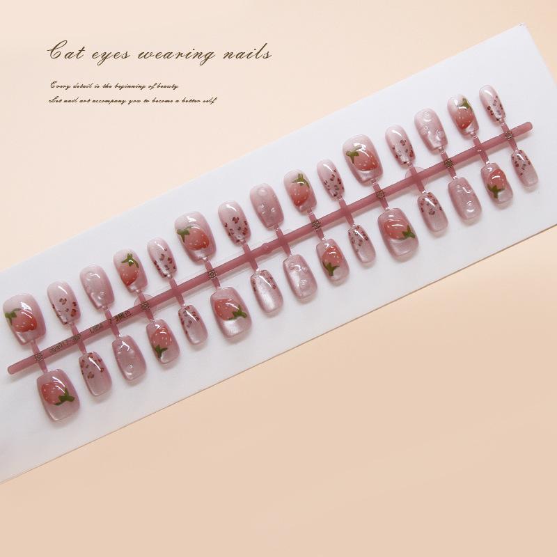 Handmade Prefabricated Nail, Wearing Nail, Cute Strawberry Removable, Light-chasing Cat's Eye Nail, Short T Nail Patch, Sub-code