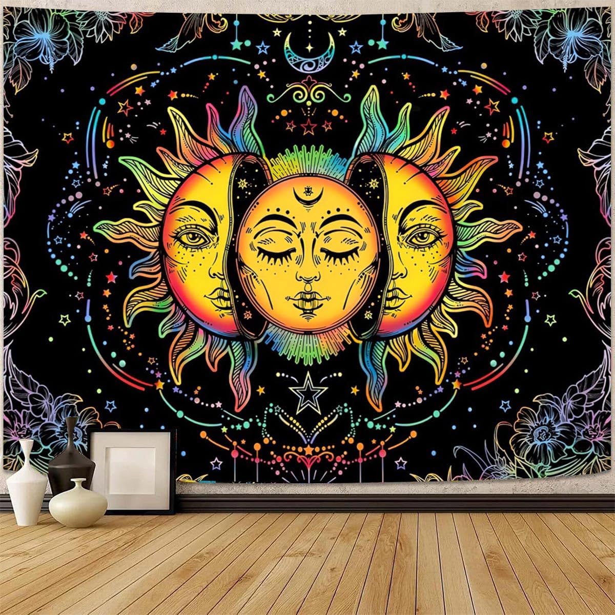 FENDROM Hippe Boho Sun and Moon Tapestry, Trippy Colorful Tapestries Mystic Aesthetic Burning Sun Moon Wall Hanging Blanket for Bedroom Living room Do 100X70CM
