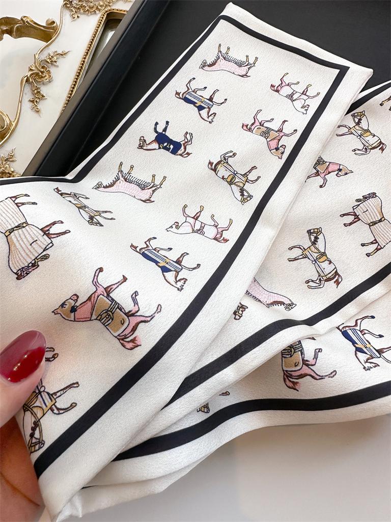 Écharpe Châle Satiné Imprimé Motif Cheval Mode Luxe Long Étroit Petites Écharpes Bandeau Foulard pour Dames
