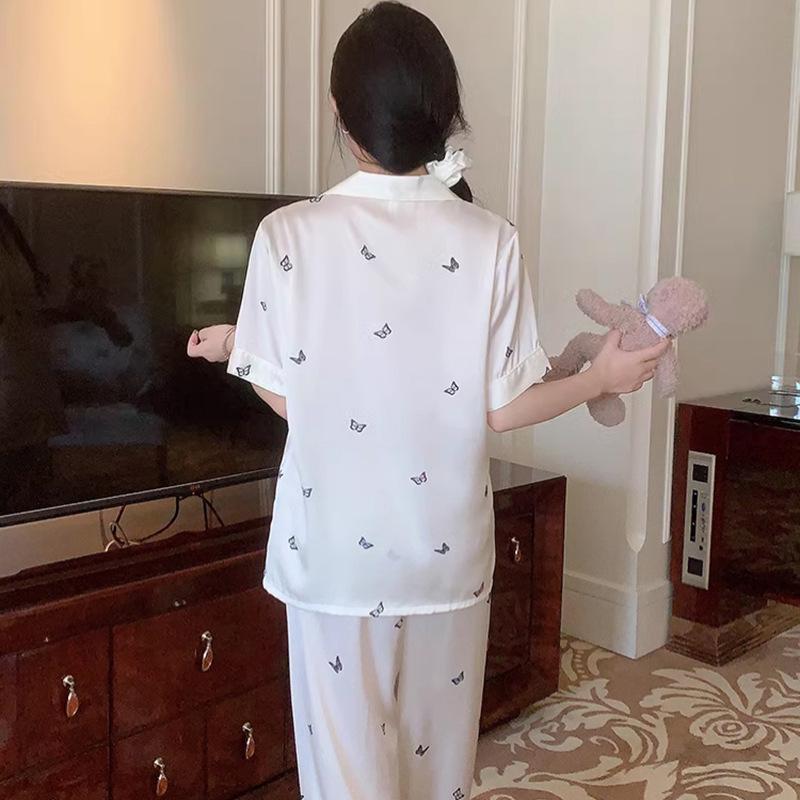 Butterfly Printing Ice Silk Summer High-Value Pajamas Women'S Short-Sleeved Trousers Loose Loungewear Foreign Trade