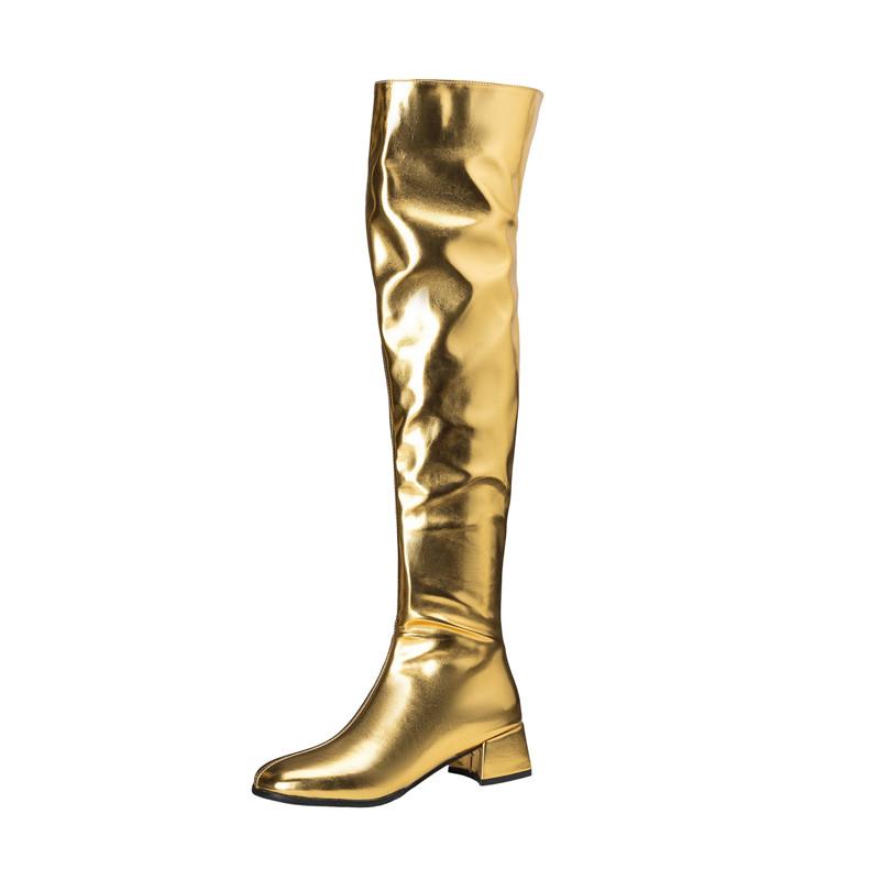 

Женские сапоги на низком каблуке осень и зима новые на толстом каблуке большого размера золотые сапоги до колена 34