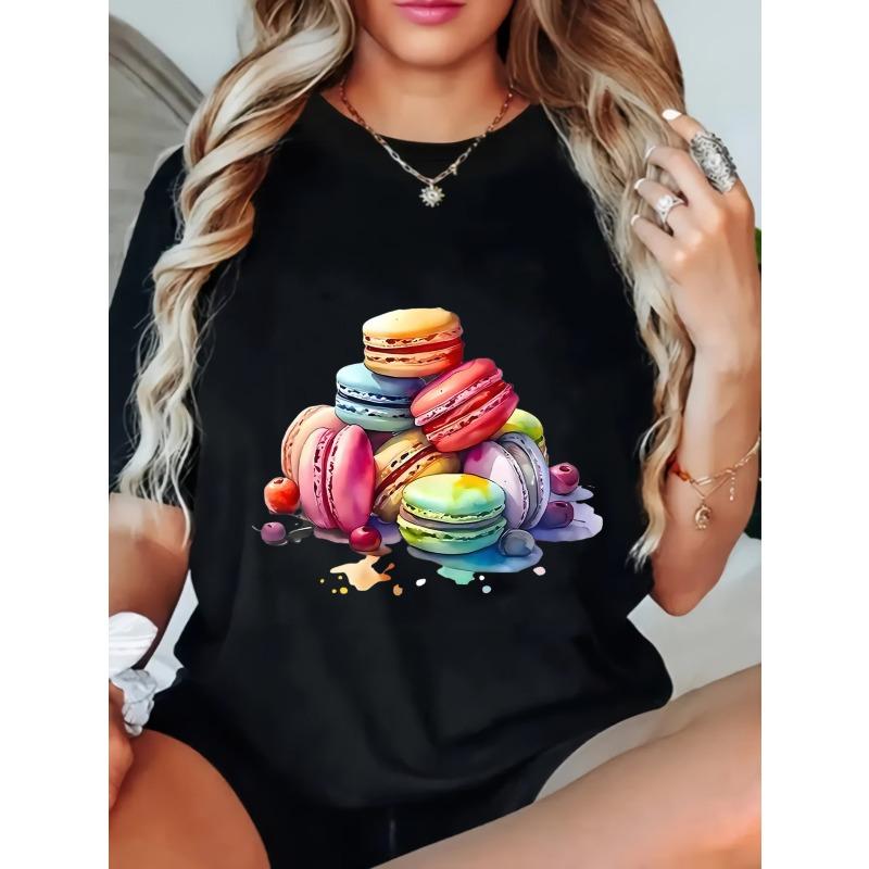 

Casual Round Neck T Shirt Black Color Macaron Candy Print For Women Daily Wear Summer Outfit XXXXL