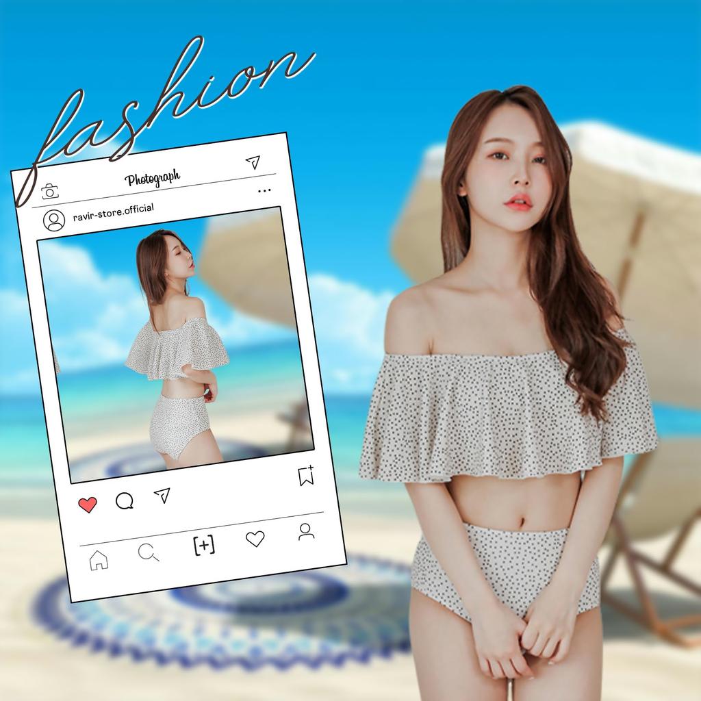 Bikini Bikini High Size S [RAVIR] Women's Swimsuit, 2-piece Set, Set, Women's Swimsuit, Waist, Off-the-shoulder, Ruffles, Beige,