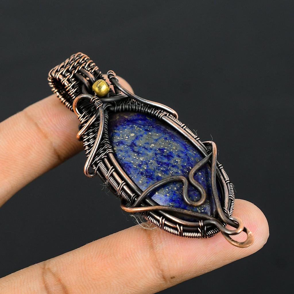 Natural Lapis Lazuli Gemstone Handmade Copper Wire Wrapped Pendant 2.8" K0I52