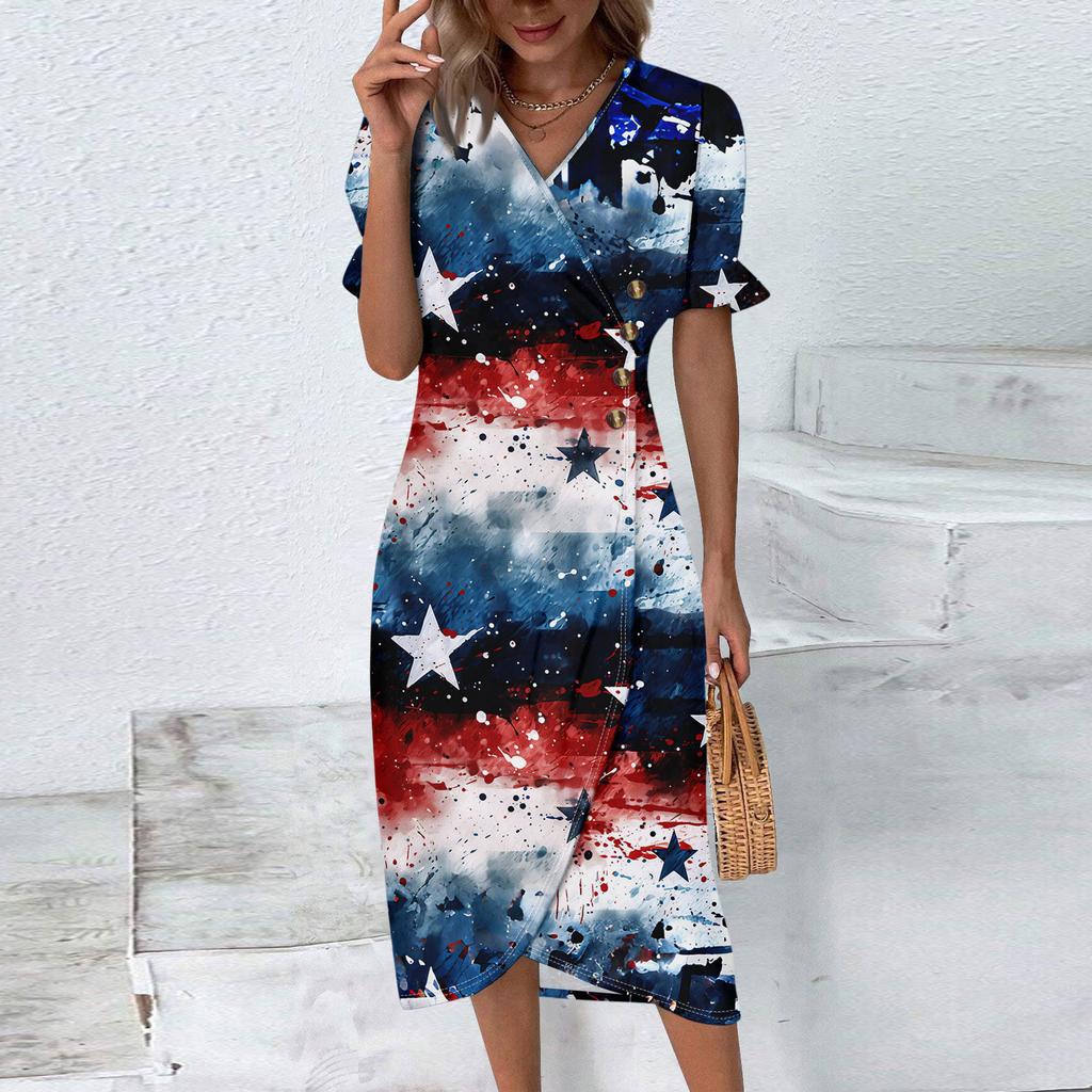 Strandkleider für Damen Frühling Sommer Elegant Wickel V-Ausschnitt Unabhängigkeitstag Print Kleid Fließend Gerafft Hawaiianisches Maxikleid
