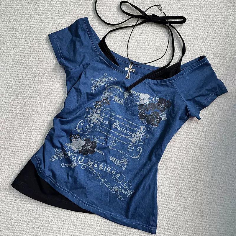 TrendHub Sommer Y2k Vintage Grafik T-Shirts Damen Grunge Streetwear Hot Girl Slim Fit T-Shirt Harajuku Mode Lässige Süße Oberteile Schick