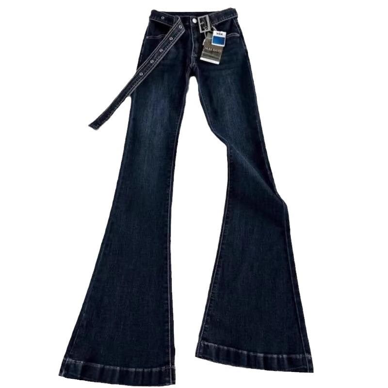 Women's Dark Blue High-Waisted Micro-Flared Jeans, Slim and Elastic, Autumn 2024 Trendy Wide-Leg Pants