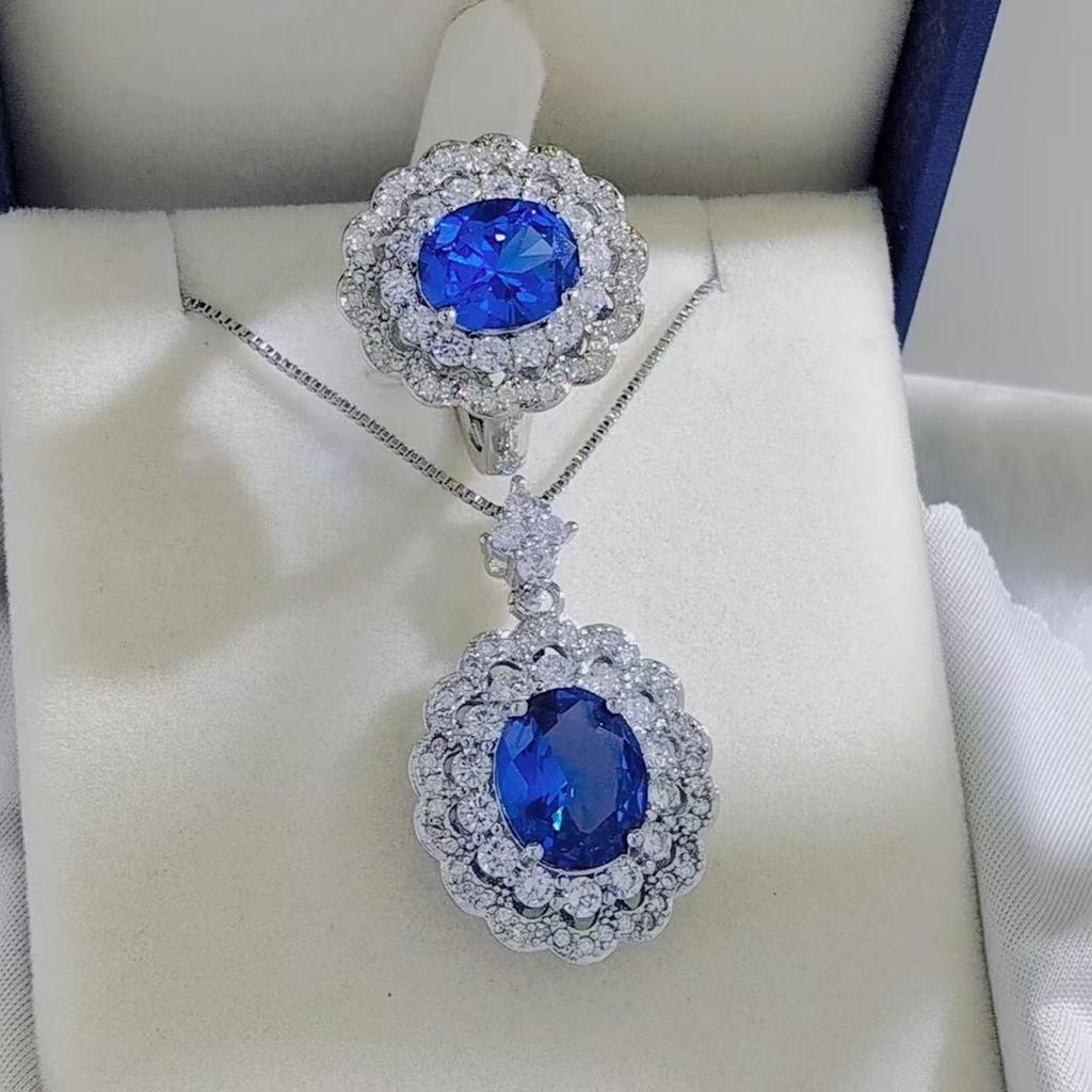 Princess Diana-Inspired Sapphire & Tanzanite-Colored Gemstone Ladies' Ring and Pendant Set