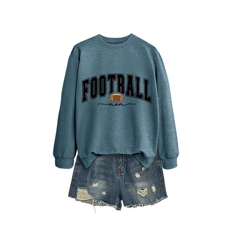 Womens Casual Round Neck Long Sleeve Cotton Sweatshirt With Football Mom Print - Loose Fit Plus Size S-XXL