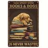 Golden Retriever Metal Wall Sign - "Time Spent with Books & Dogs Is Never Wasted" - Rustic Home Decor for Coffee Shop, Librar