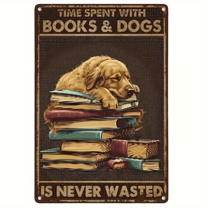 Golden Retriever Metal Wall Sign - "Time Spent with Books & Dogs Is Never Wasted" - Rustic Home Decor for Coffee Shop, Librar