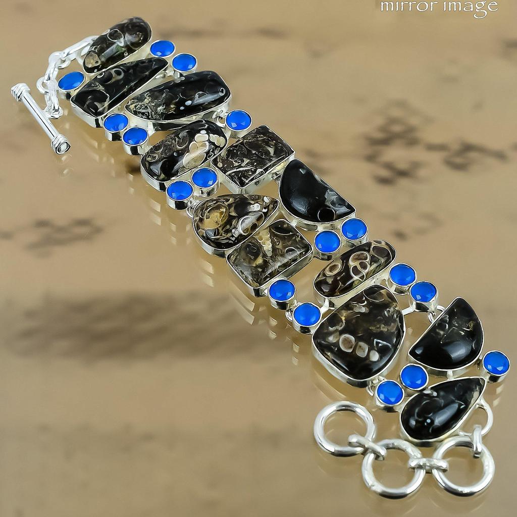 Natural Turritella Agate Gemstone Chain Brown Adjustable Bracelet 925 Silver