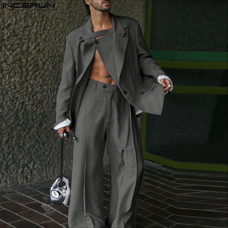 INCERUN Men Sets Lapel Neck Wrap Blazer Tops and Trousers Long Pants Casual Suits Outfits