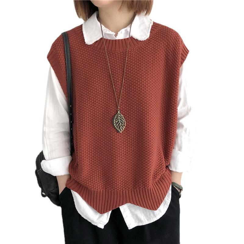 Women's Retro Knitted Vest - 2024 Spring/Autumn Style, Solid Color, Loose Fit, Round Neck, Irregular Pullover Waistcoat.