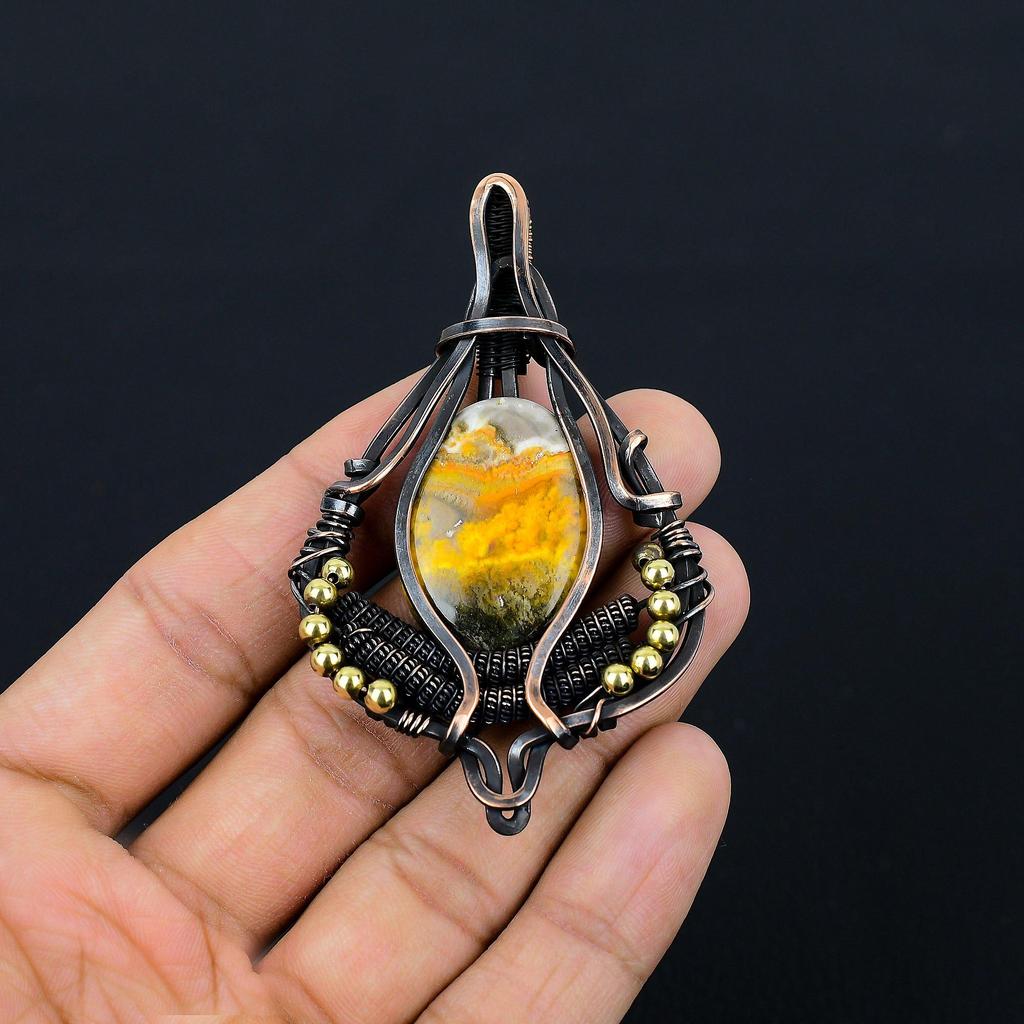 Bumblebee Jasper Gemstone Pure Copper Wire Wrapped Designer Handmade Pendant Jewelry