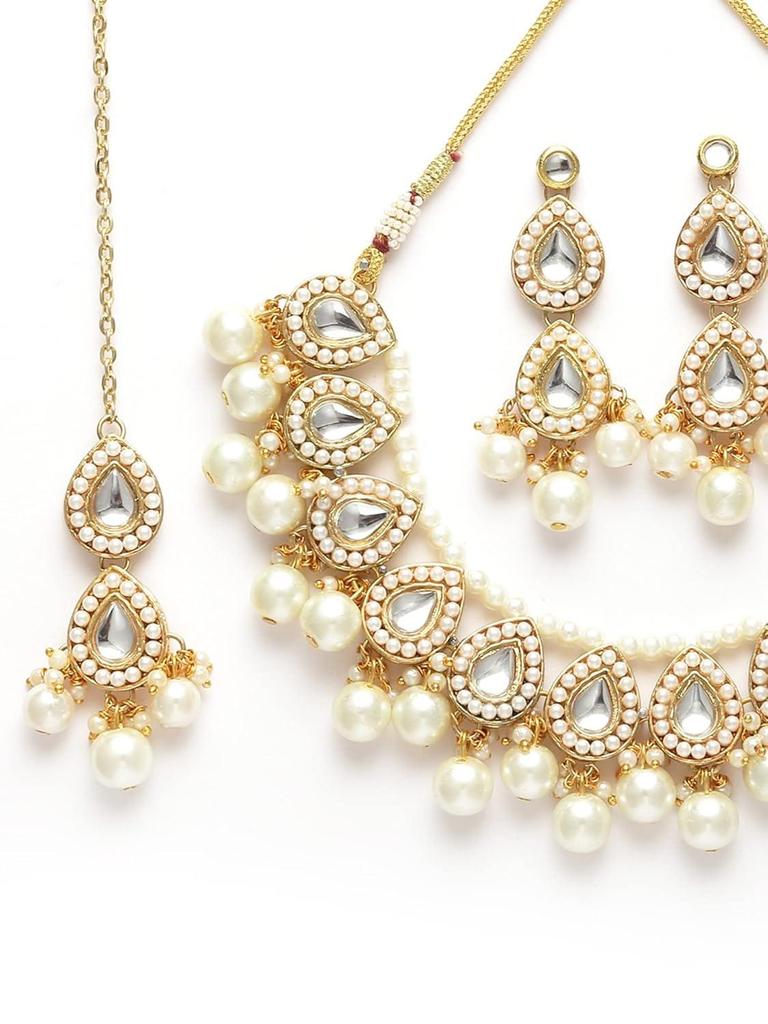 Vergoldetes Perlen- & Tropfen-Kundan-besetztes Choker-Halsketten-Set für Damen (Metall, Kundan)