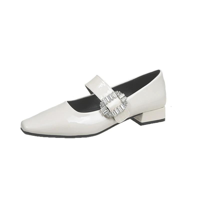 Fashion Clearing Warehouse Mary Janes Shoes for Women Leather Shoes Low Heels Black Leather Rhinestone Buckle Soft Comfortable Pumps