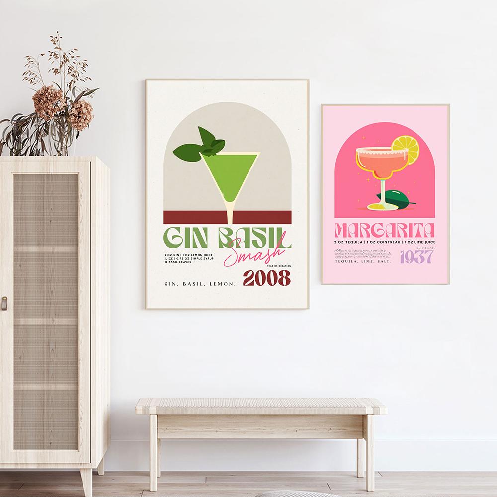 Vintage Manhattan Cocktail Art Prints Drinking Dry Martini Poster Margarita Gin Basil Smash Kitchen Bar Club Wall Decor Pictures