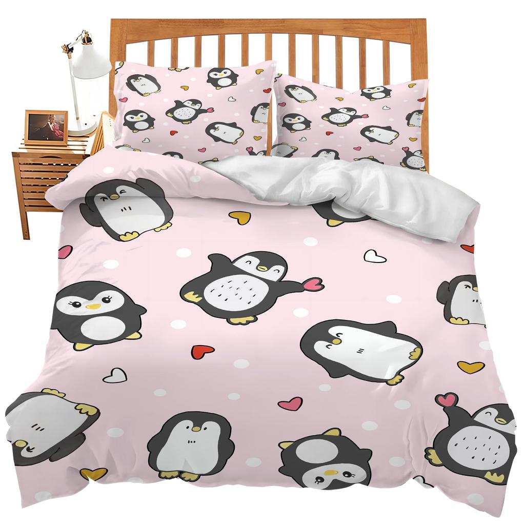 Cute Penguin And Love Heart Duvet Cover Set For Kids Teens Lightweight Quilt Cover With 2 Pillowcase Cartoon Penguin Bedding Set