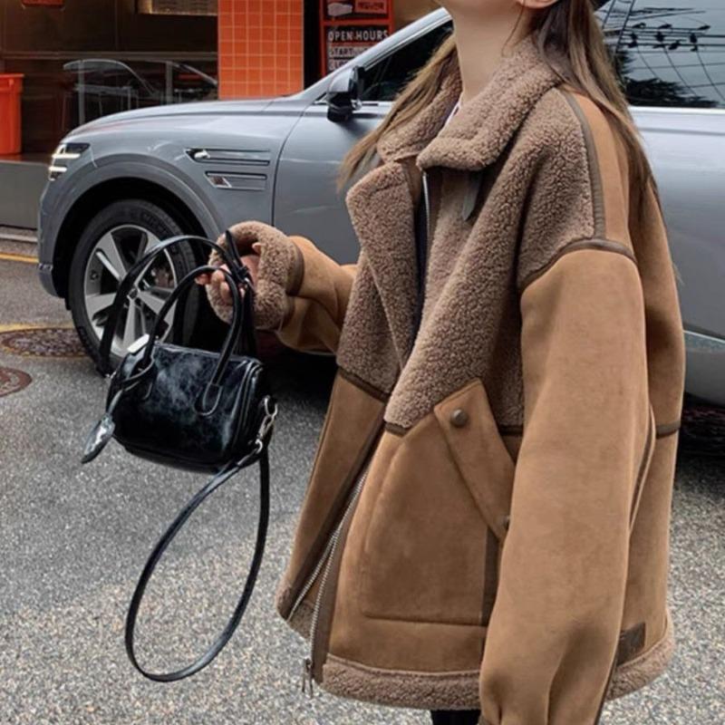 Suede and fur integrated coat women's winter new thickened short lamb splicing coat locomotive jacket cotton clothes