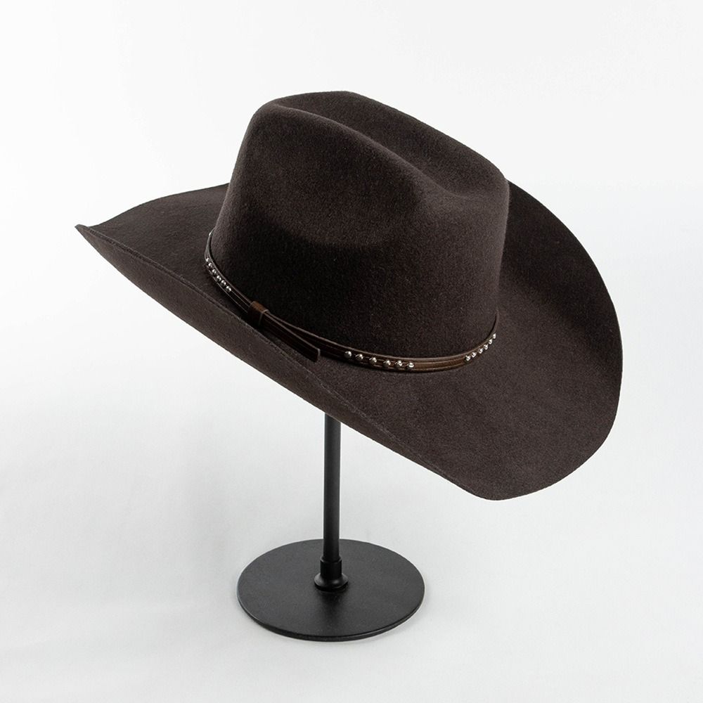 100% Wolle Woll-Cowboyhut Breiter Rand Konkave Form Western-Cowboyhut Mit Nieten Besetztes Lederband Dekorative Schnalle Breiter Rand Fedora Hut