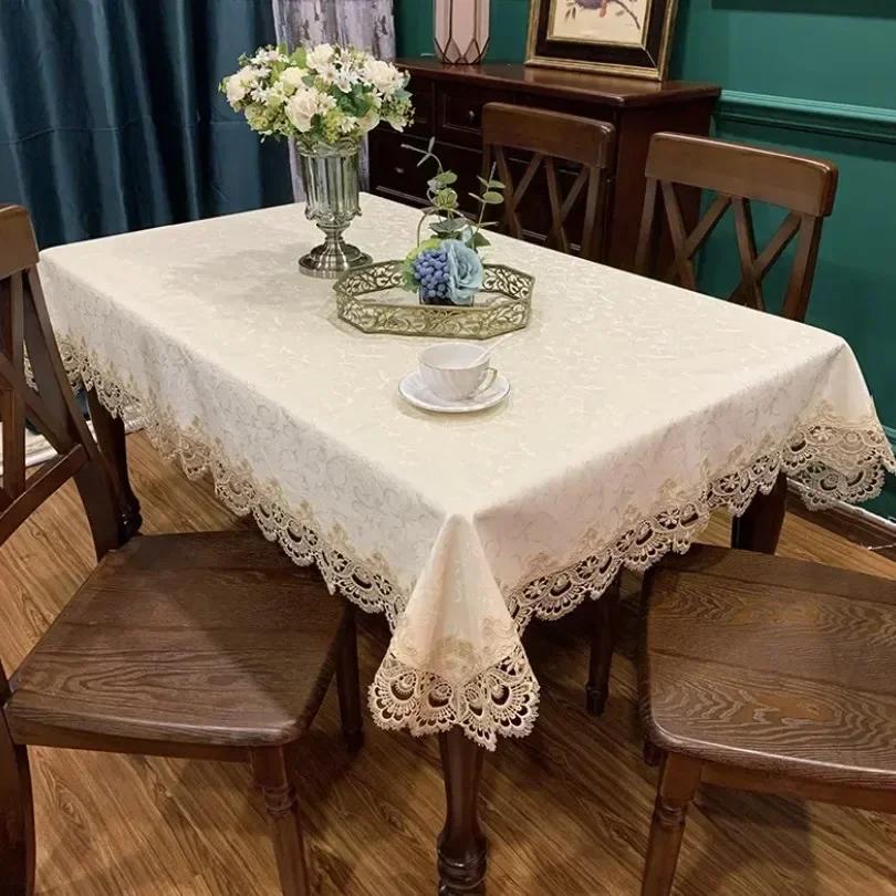 Tablecloth Waterproof and Oil Resistant Lace Embroidery Edge PU Table Cover Home Dining Table Decoration Mat