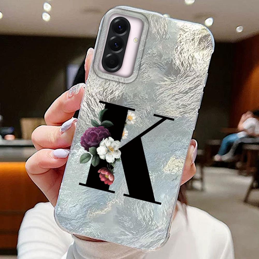Black A-Z Letter Flower Laser Gradient For Samsung Galaxy A16 A36 A56 Phone Cases Cover Silicone Clear Soft Protect Back Bumper Hard PC Back Cover