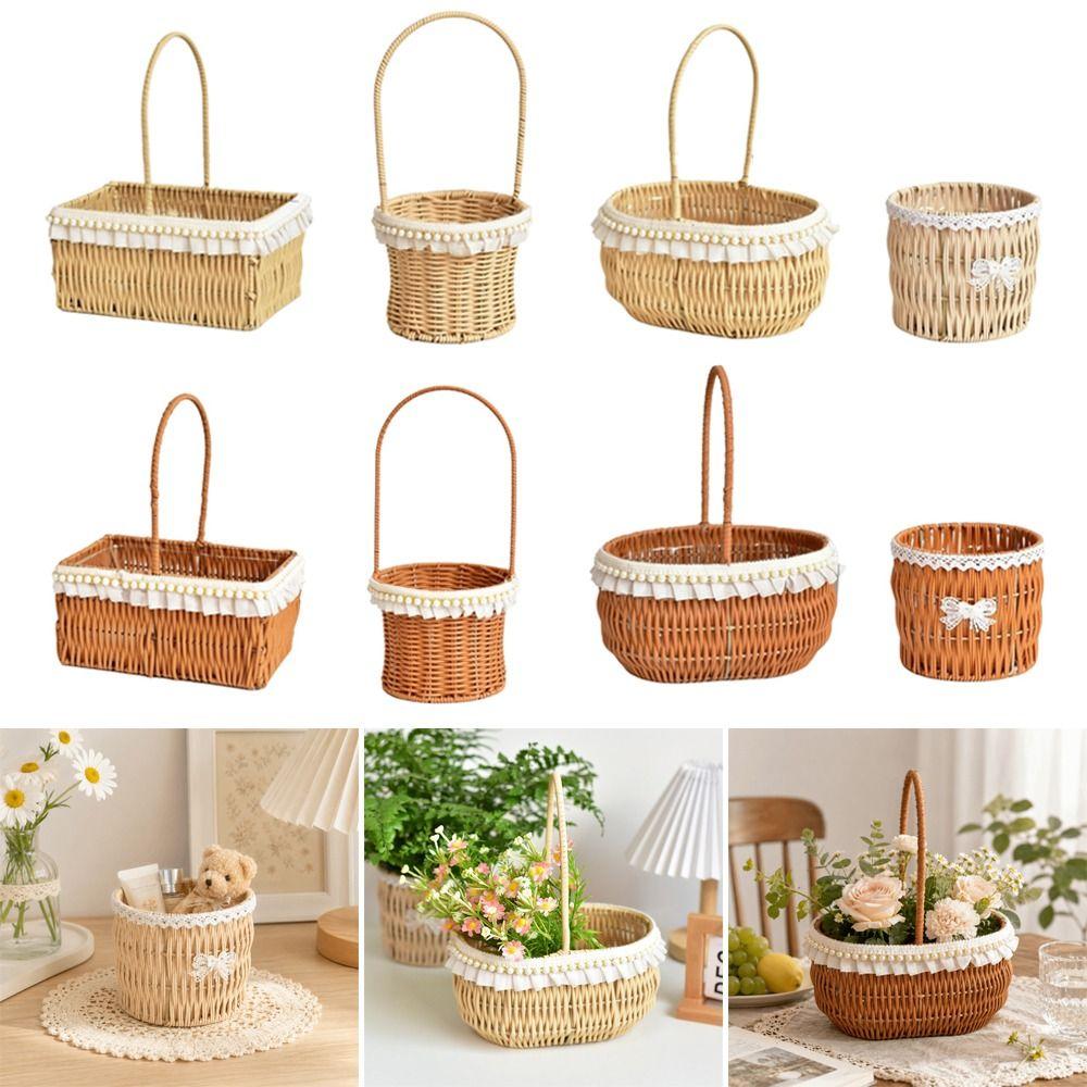 4 Styles Rattan Flower Basket Decorative Picnic Weaving Basket Wedding