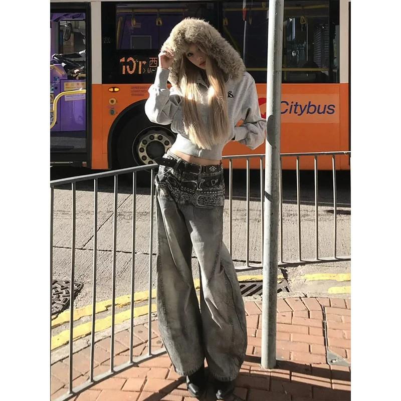 Womens Cropped Hooded Sweatshirt With Fur Collar Slim Fit Streetwear Jacket