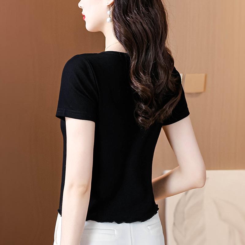 Summer Fashionable Design and Age-reducing Solid Color Square Collar Short-sleeved T-shirt Slim and Versatile Women's Top