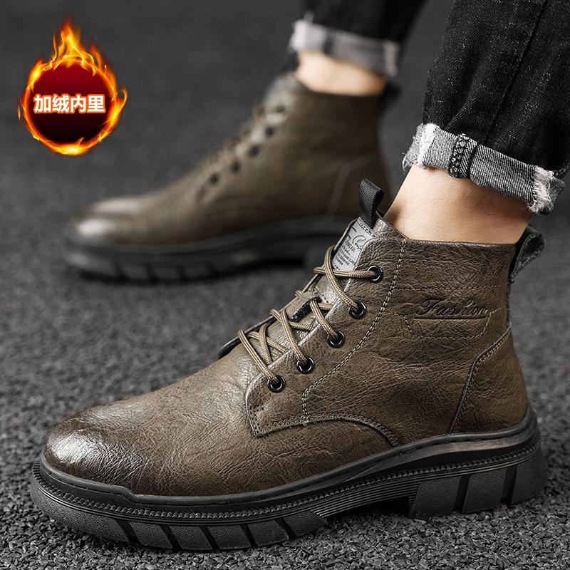 Winter Fashion Velvet Warm Martin Boots Personalized Polished High-top Leather Tooling Boots Men's Lace-up Casual Leather Boots