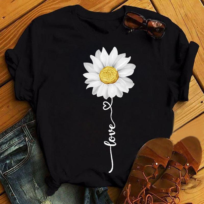 New Fashion Women Black T Shirt Friends Gift Flower Love Print Cute Tee Shirt Female Harajuku Tops Woman Short Sleeve T -Shirts