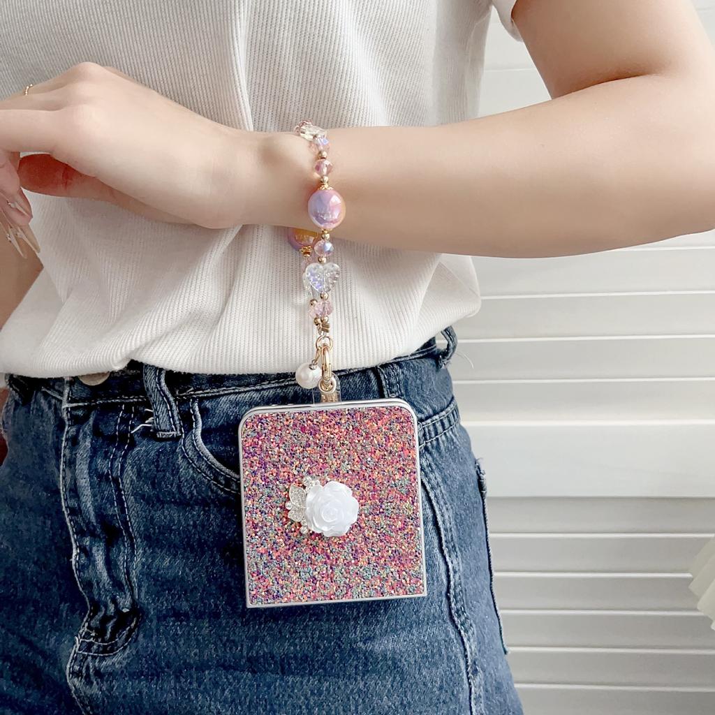 Phantom Glitter White Rose Mobile Phone Case for Samsung Z FLIP7/6/5/4 Portable Bead Chain 3rd Generation Folding Case