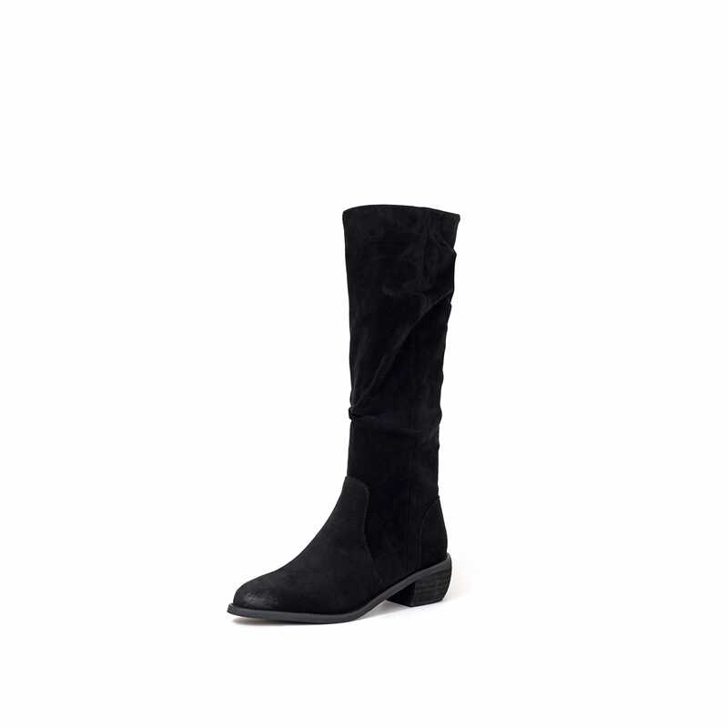 Fashion Autumn Pleated Women Knee High Boots Fashion Thick Heels Pointed Toe Shoes Western Long Botas Para Mujer